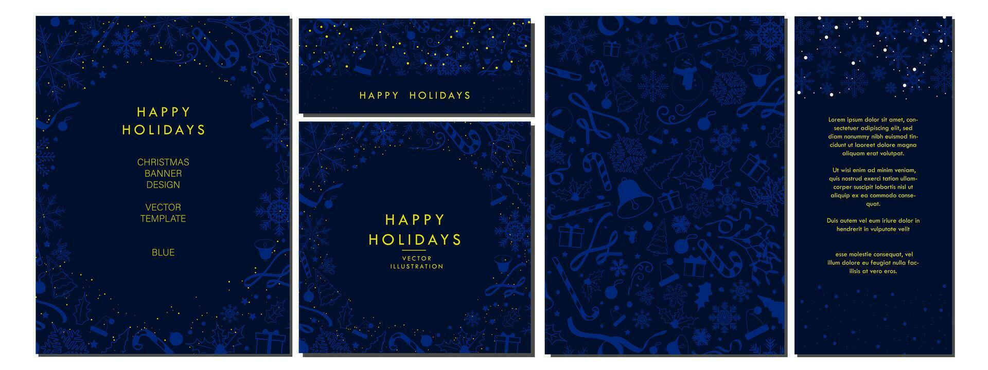 Set of Midnight Blue and yellow Christmas Background designs decorated with Blue Christmas elements. Greeting Card Posters, A4 Letter, Banners, vertical banner. Editable Vector Illustration. EPS 10.