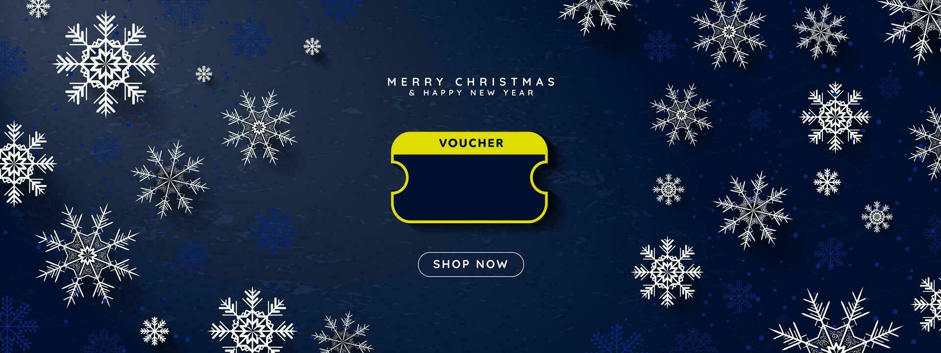 Simple Yellow and Dark Blue Online Christmas blank Voucher decorative Christmas elements and Shop Now CTA Button. Christmas Coupon template with copy space. Editable Vector Illustration. EPS 10.