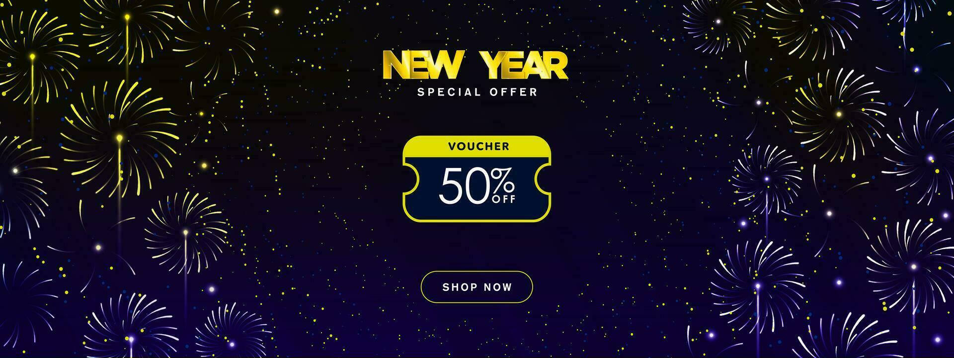 nuevo año especial oferta 50 descuento vale modelo bandera con tienda ahora cta botón y fuegos artificiales mostrar. nuevo año cupón bandera disposición. editable vector ilustración. eps 10