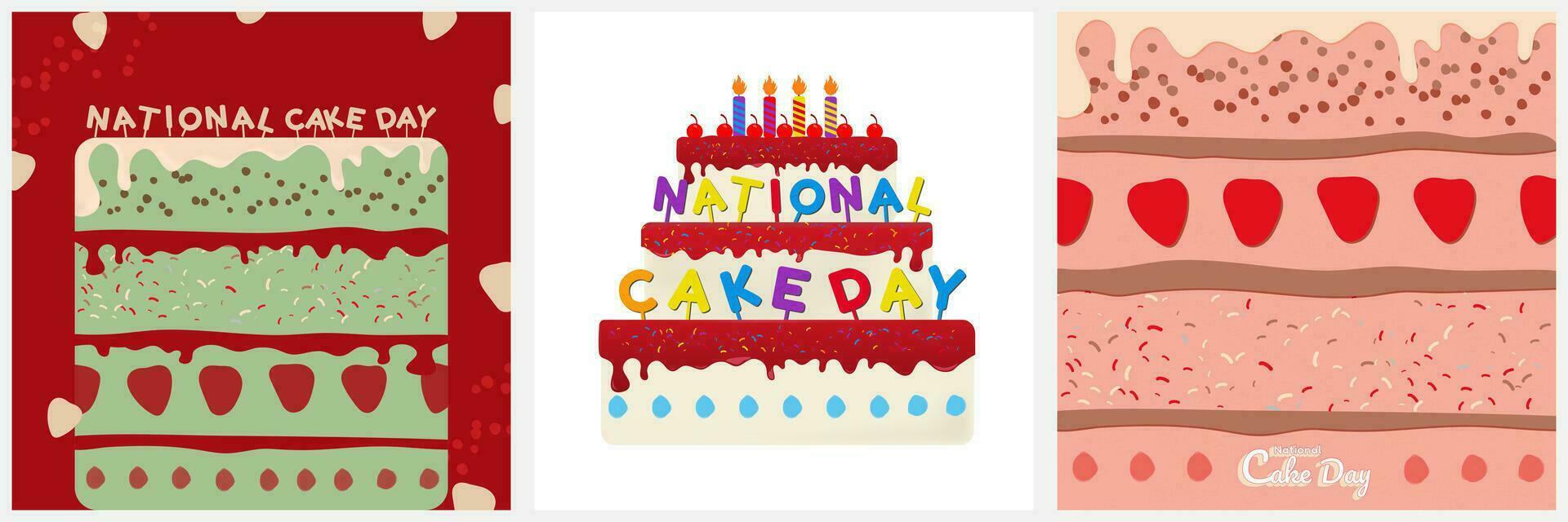 Set of National Cake Day Posters. Cute Pink and red cakes with National Cake Day lettering cake toppers. Celebrated on November 26. Minimalist. Vector Illustration. EPS 10.
