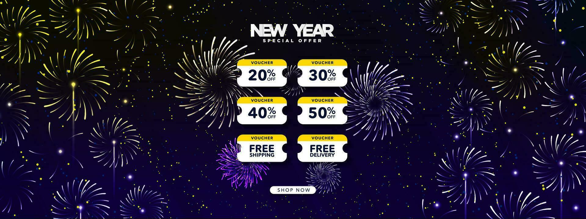 New Year Special Offer 50 Discount Voucher Template Banner with Shop Now CTA button and fireworks display. New Year Coupon Banner layout. Editable Vector Illustration. EPS 10.