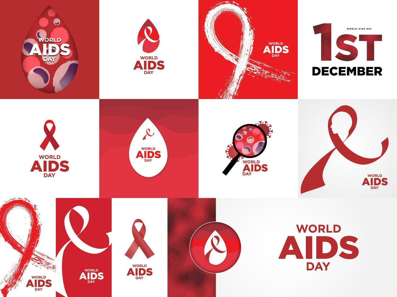 Big Collection of World Aids Day Designs. World Aids Day Greeting Cards, Social Media Story poster, banner. Red awareness ribbon, blood drop, red brush stroke ribbon. Editable Vector Illustration.