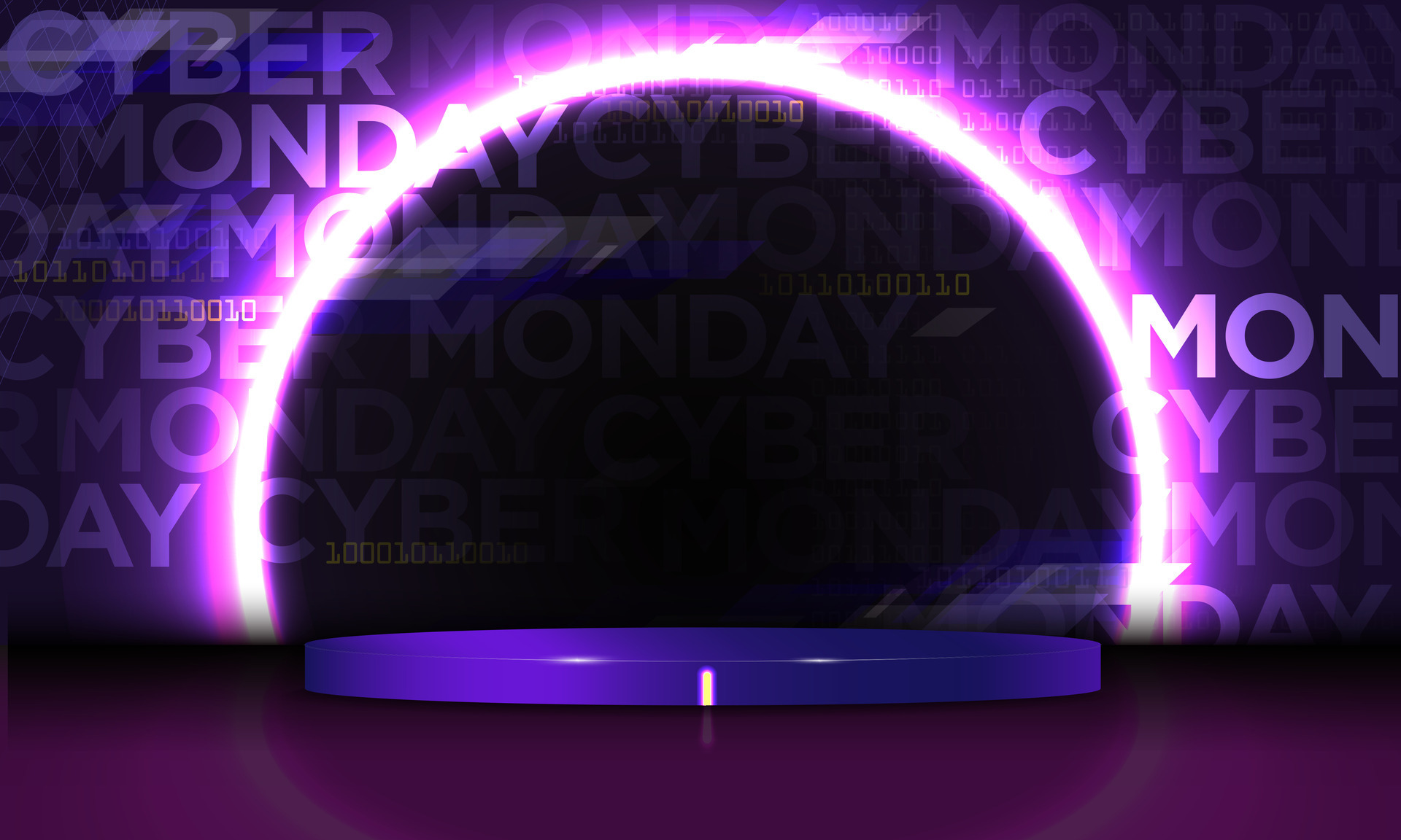 3D Cyber Monday Studio template with neon product display and glowing