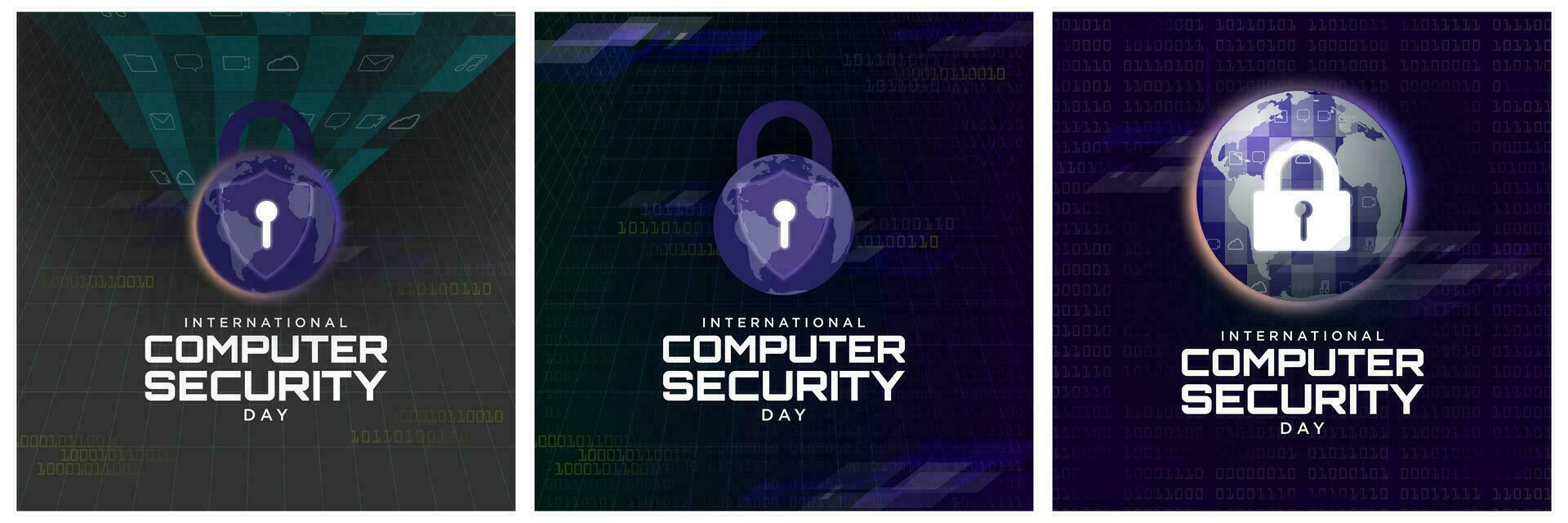 Set of International Computer Security Day Greeting Card Posters. Computer Security Icon with padlock, binary code elements. Vector Illustration. EPS 10.