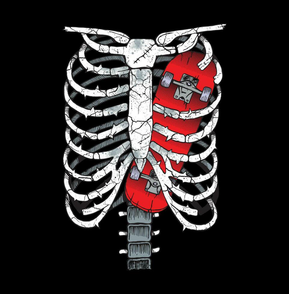 Vector illustration of skateboard board inside ribcage. Editable art for printing on t-shirts, posters and etc. Skate to the bones