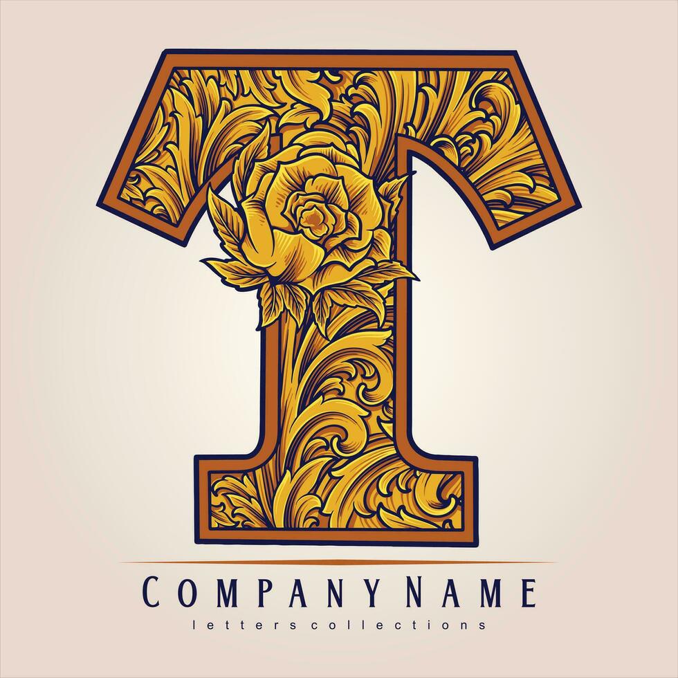 Classic engraved monogram ornament letter initial T  vector illustrations for your work logo, merchandise t-shirt, stickers and label designs, poster, greeting cards advertising business company