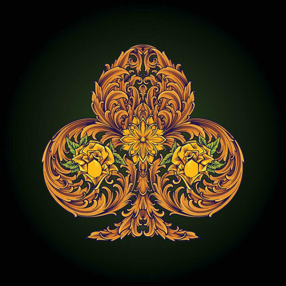 Antique engraved club symbol playing cards vector illustrations for your work logo, merchandise t-shirt, stickers and label designs, poster, greeting cards advertising business company
