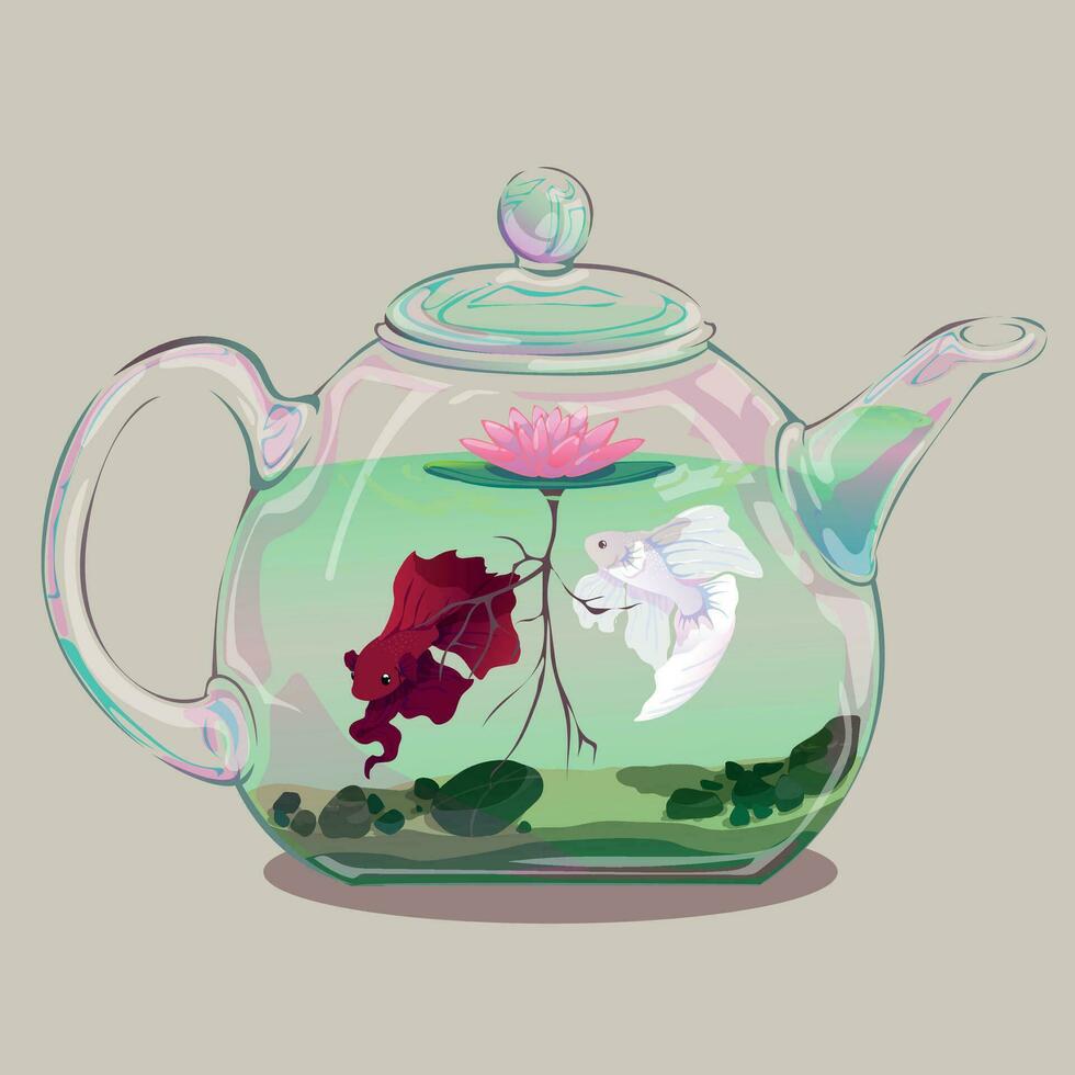 clear glass teapot with ornamental betta fish swimming around a lotus flower vector