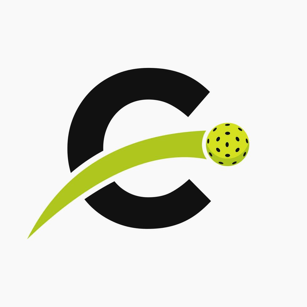 Pickleball Logo On Letter C With Moving Pickleball Icon. Pickleball Sign Template vector