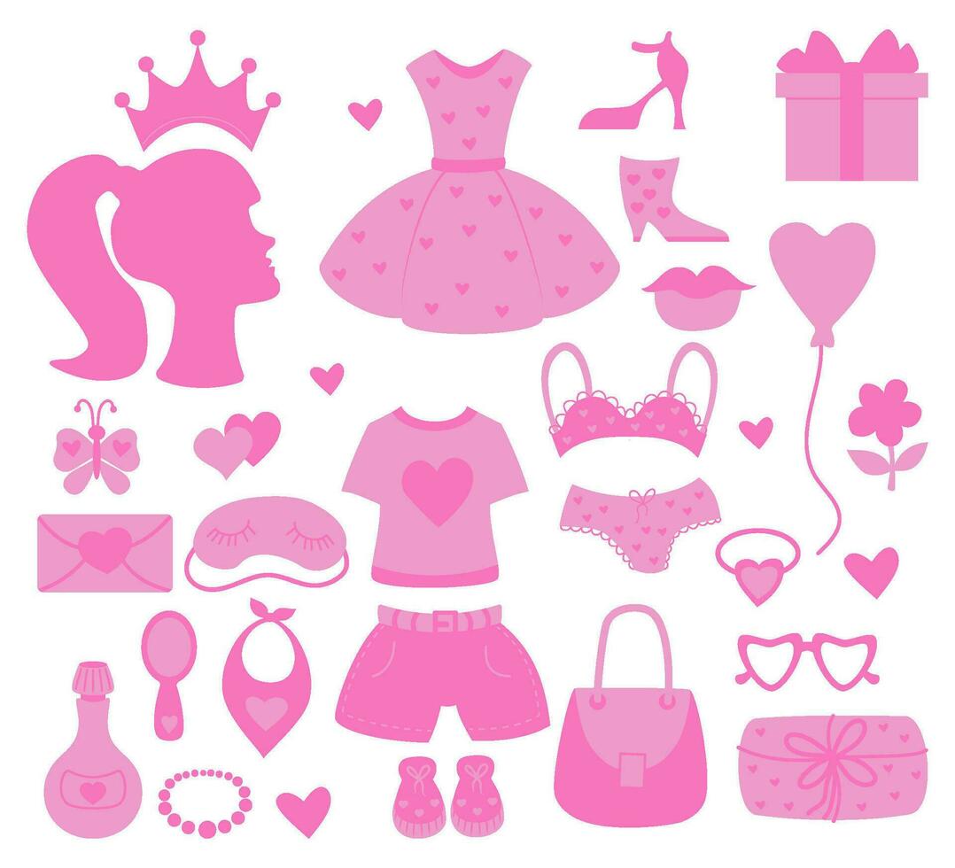 Nostalgic pink barbiecore collection. Vector illustration. Isolated Glamorous elements accessories for girl princess for design National Barbie Day March 9 .