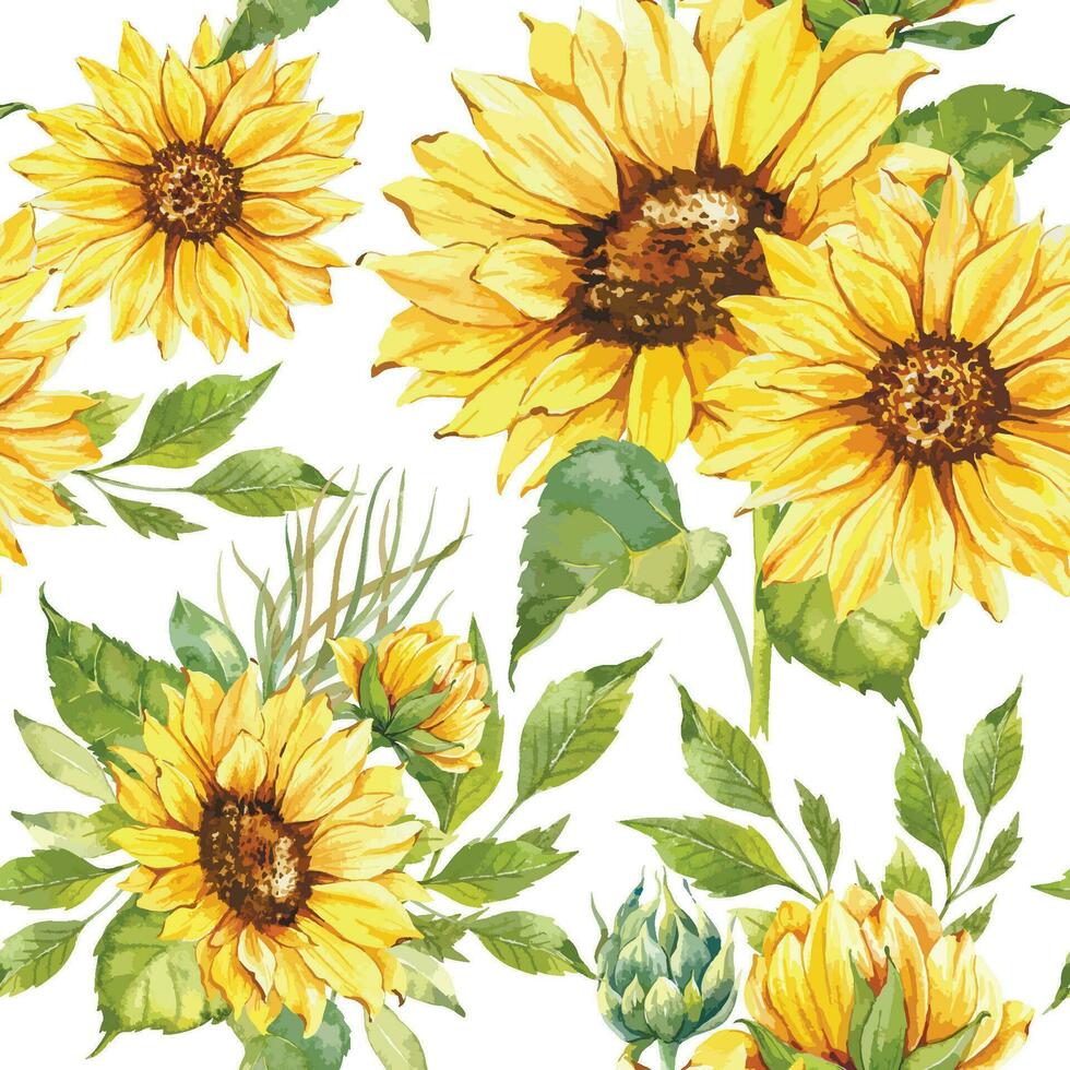 Elegant floral Seamless pattern with watercolor sunflowers and greenery vector