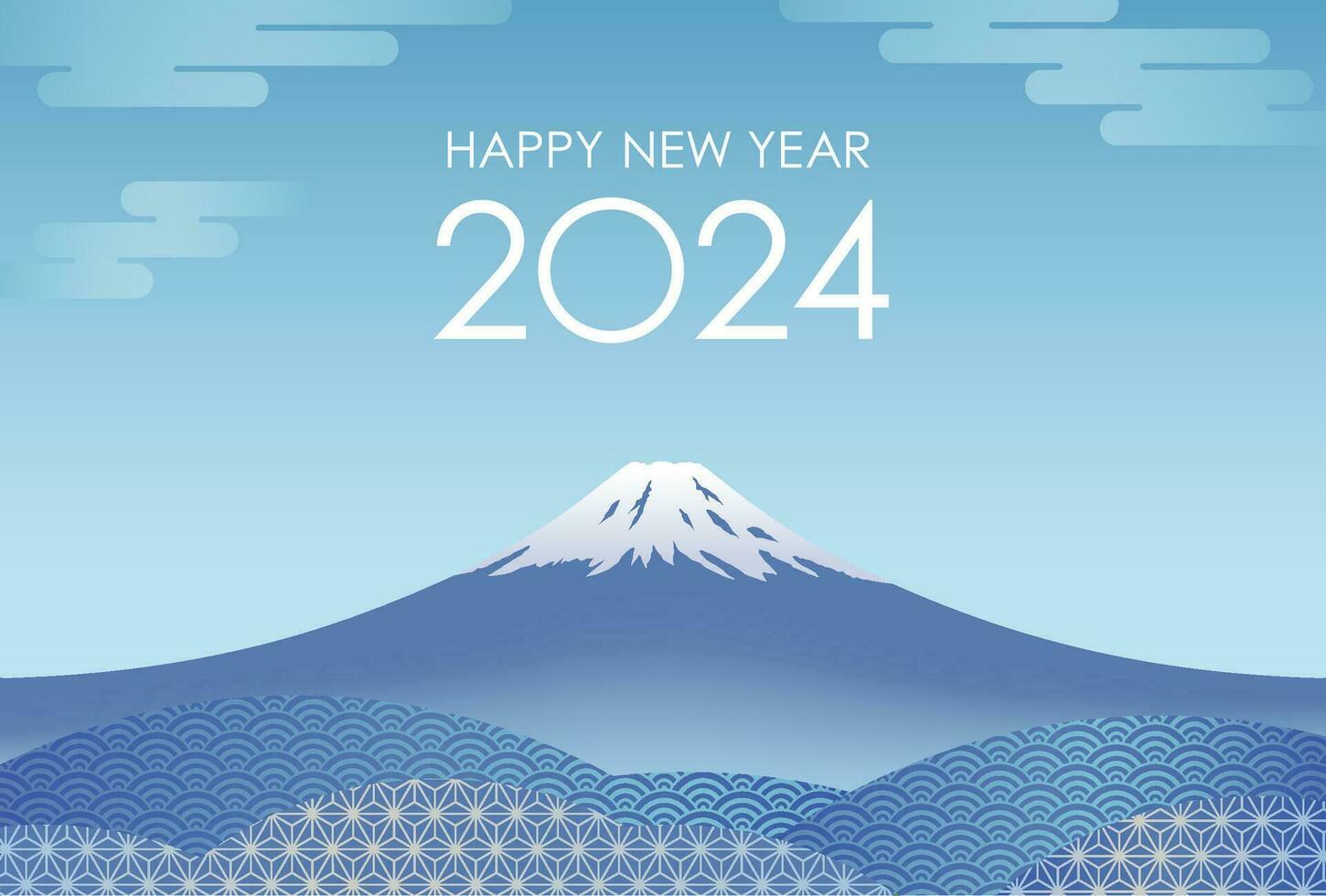 New Year Card Vector Template With Blue Mt. Fuji Decorated With Vintage Japanese Patterns.