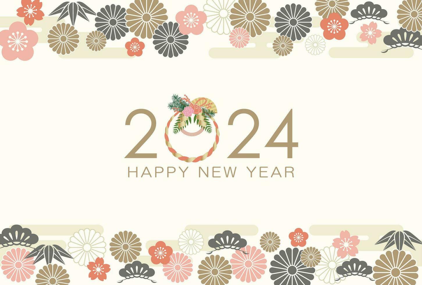 2024 New Year Greeting Card Vector Template Decorated With Japanese Vintage Auspicious Charms.