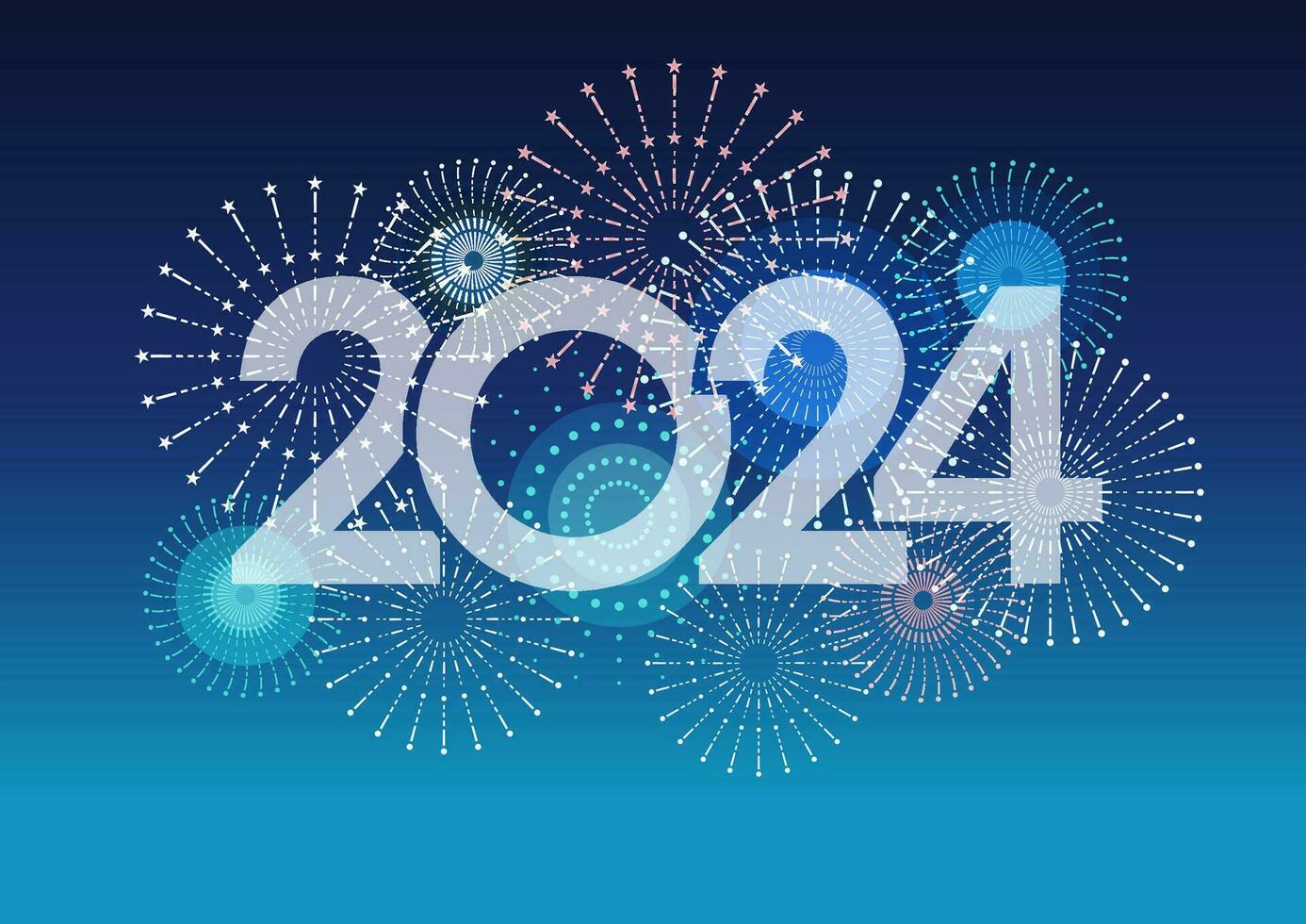 el año 2024 logo y fuegos artificiales con texto espacio en un azul antecedentes. vector ilustración celebrando el nuevo año.