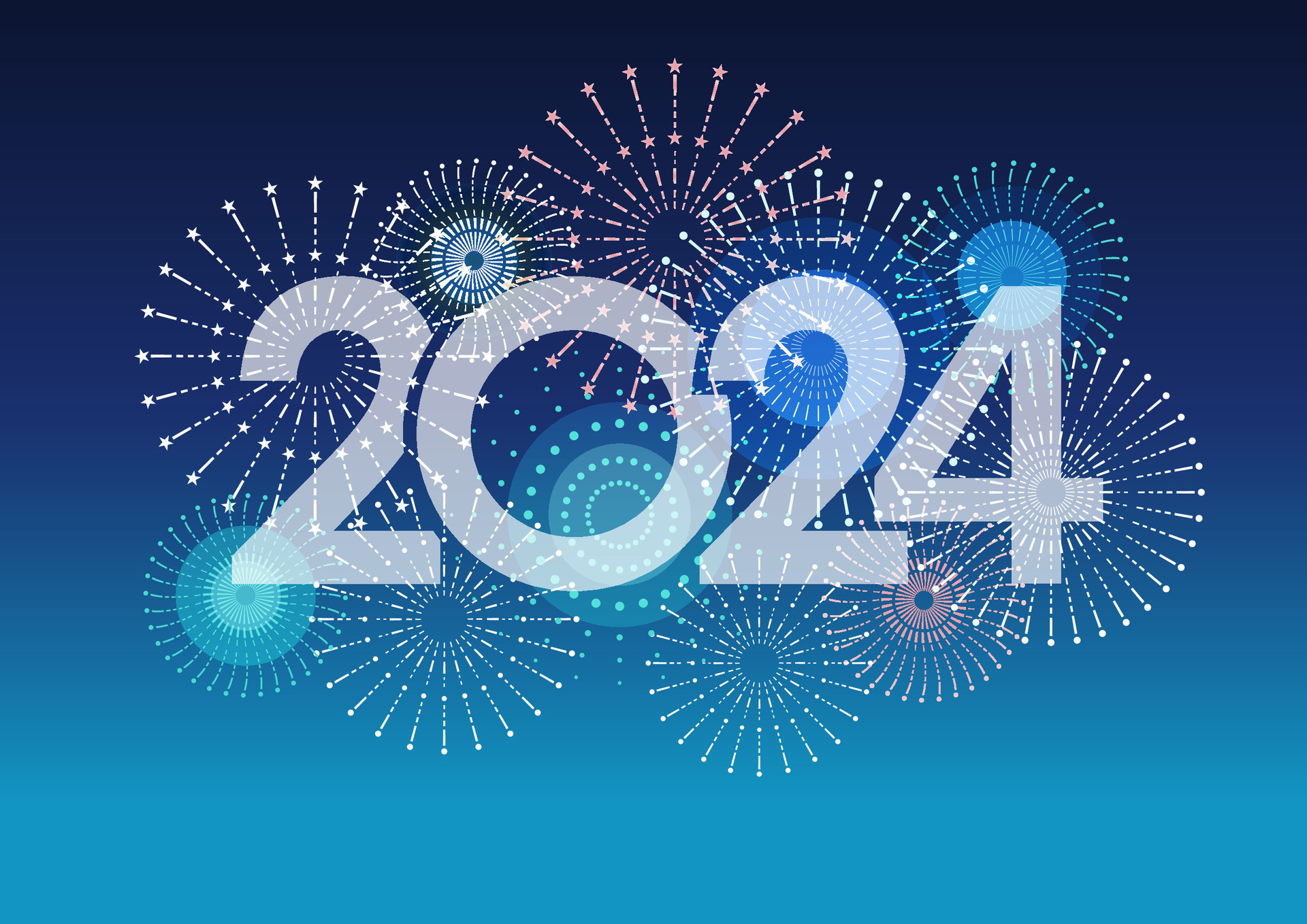 el año 2024 logo y fuegos artificiales con texto espacio en un azul