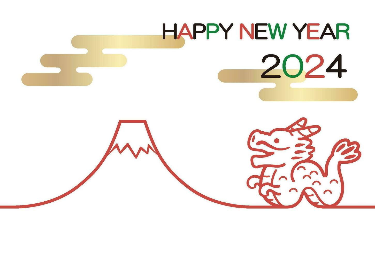 2024, Year Of The Dragon, New Years Greeting Card Template With A Dragon Mascot And Mt. Fuji. Vector Illustration.