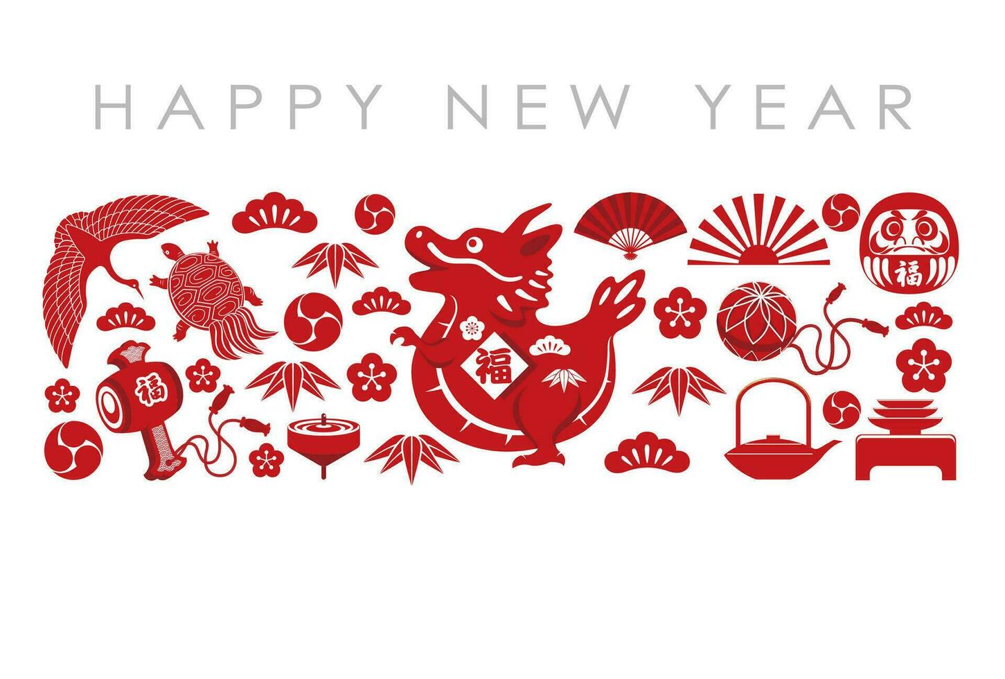 New Years Greeting Card Template With The Year Of The Dragon Icon And Japanese Lucky Charms. vector