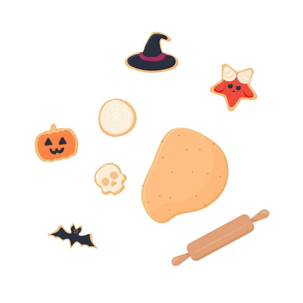 Víspera de Todos los Santos galletas, cráneo, bruja, araña web, calabaza vector