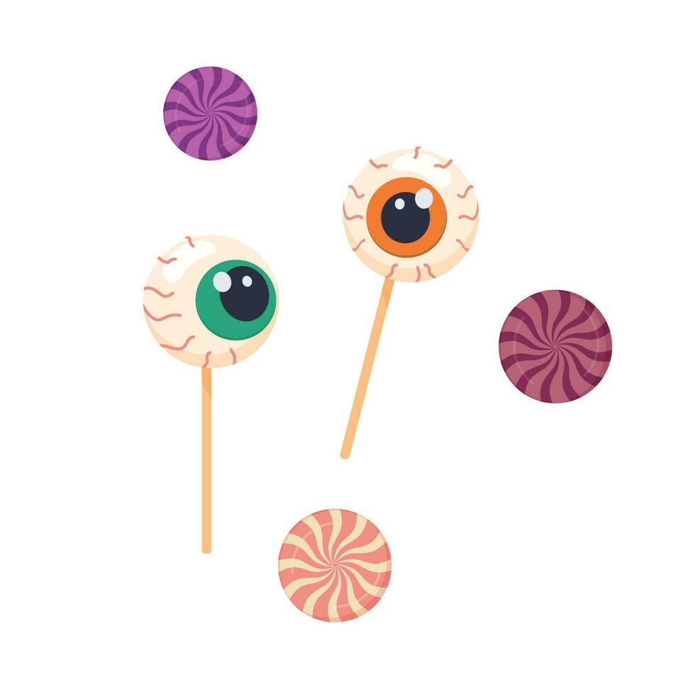 Halloween candy, eyeball, lollipop spiral. Vector illustration