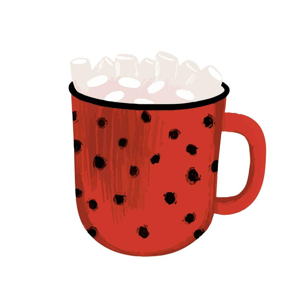 Polka dot red cup with cocoa with marshmallows isolated on white background vector