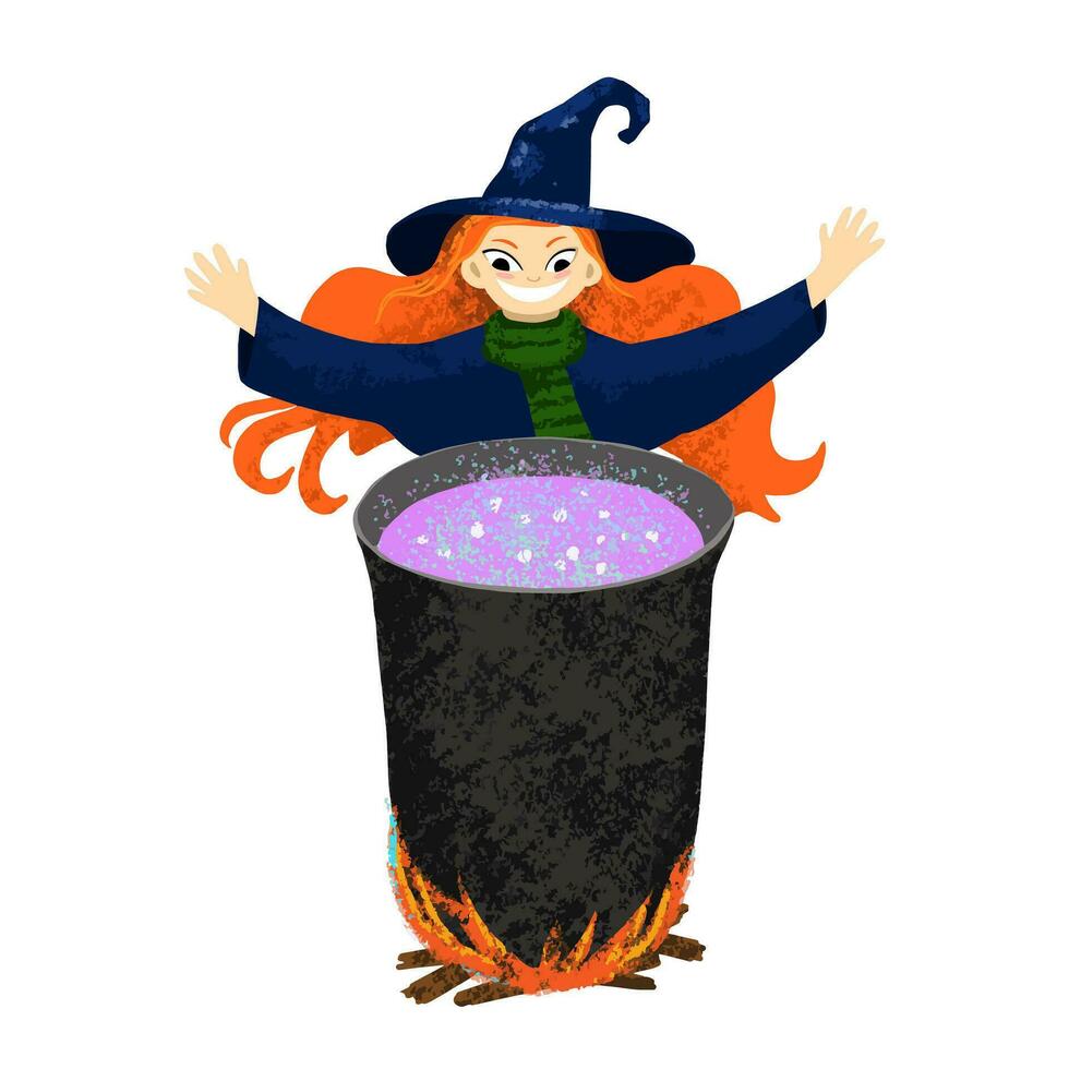 Witch cooking the potion in the cauldron isolated on white background. Halloween illustration painted with chalk vector