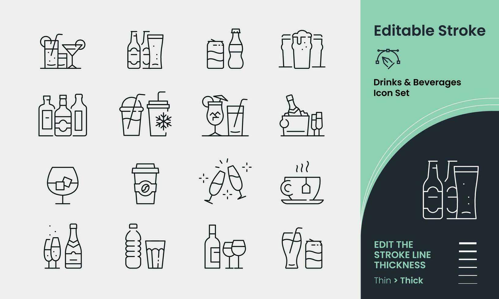 Drinks Icon collection containing 16 editable stroke icons. Perfect for logos, stats and infographics. Edit the thickness of the line in any vector capable app.