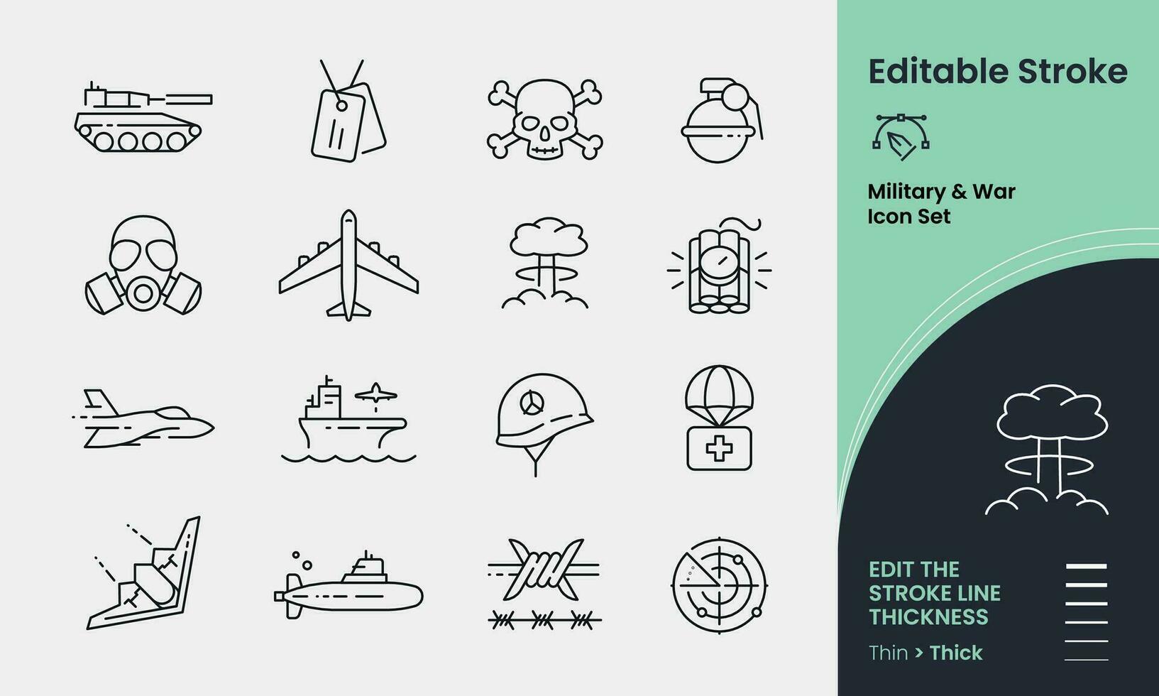 Military and War Icon collection containing 16 editable stroke icons. Perfect for logos, stats and infographics. Edit the thickness of the line in any vector capable app.