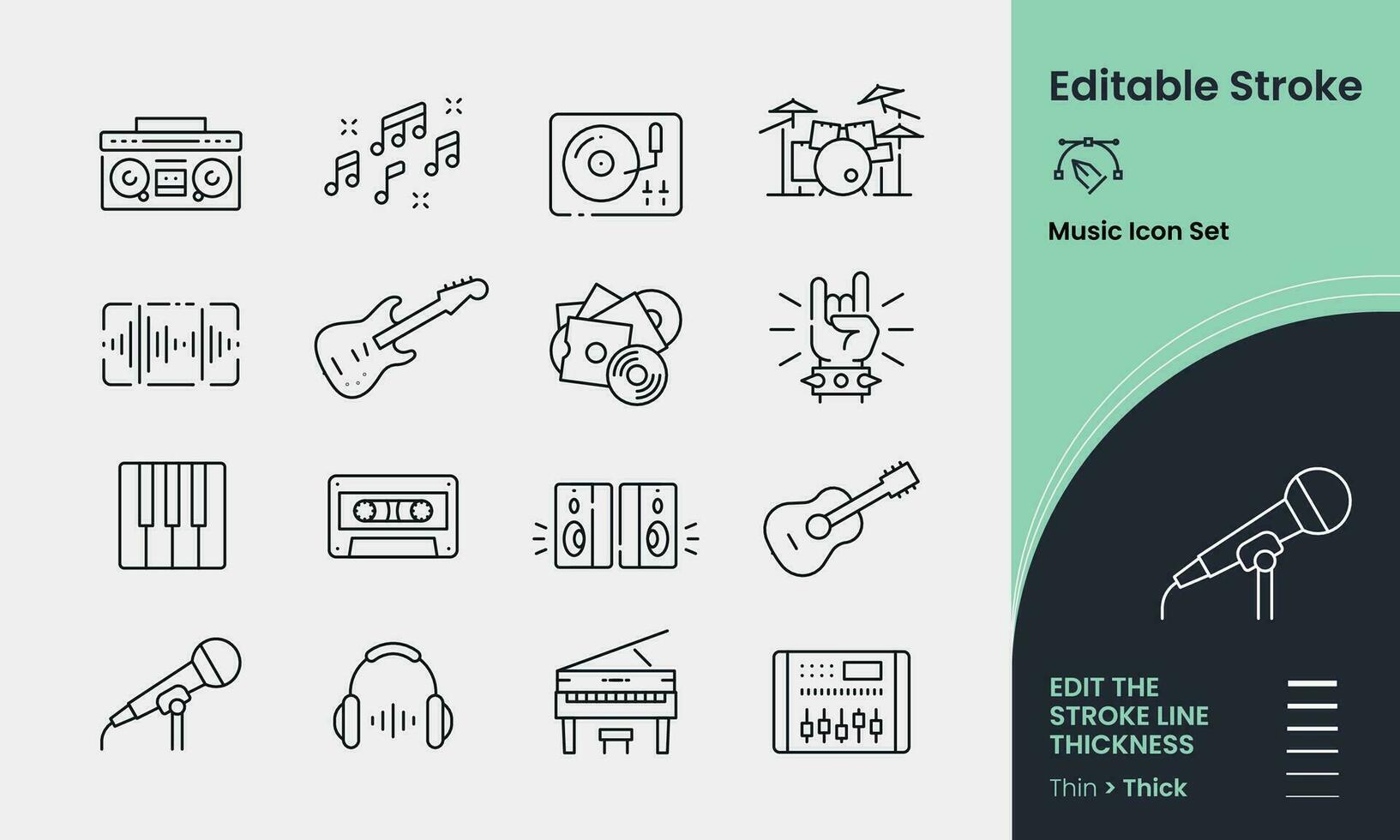 Music Icon collection containing 16 editable stroke icons. Perfect for logos, stats and infographics. Edit the thickness of the line in any vector capable app.