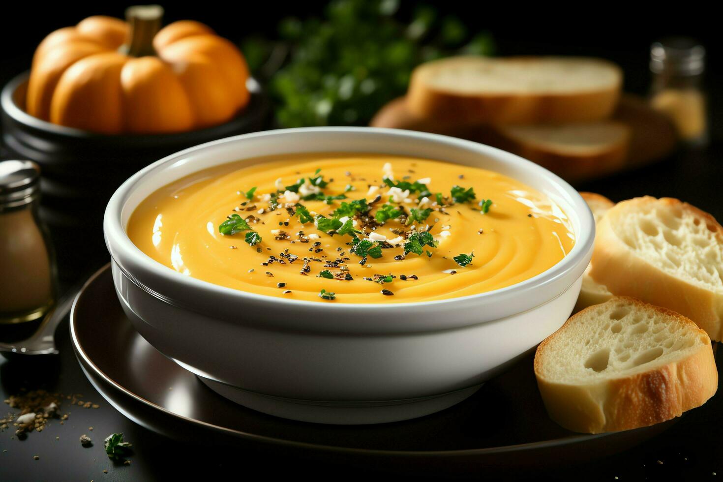 A delicious pumpkin soup food cream in a bowl. Winter food and high healthy soup meal concept by AI Generated photo