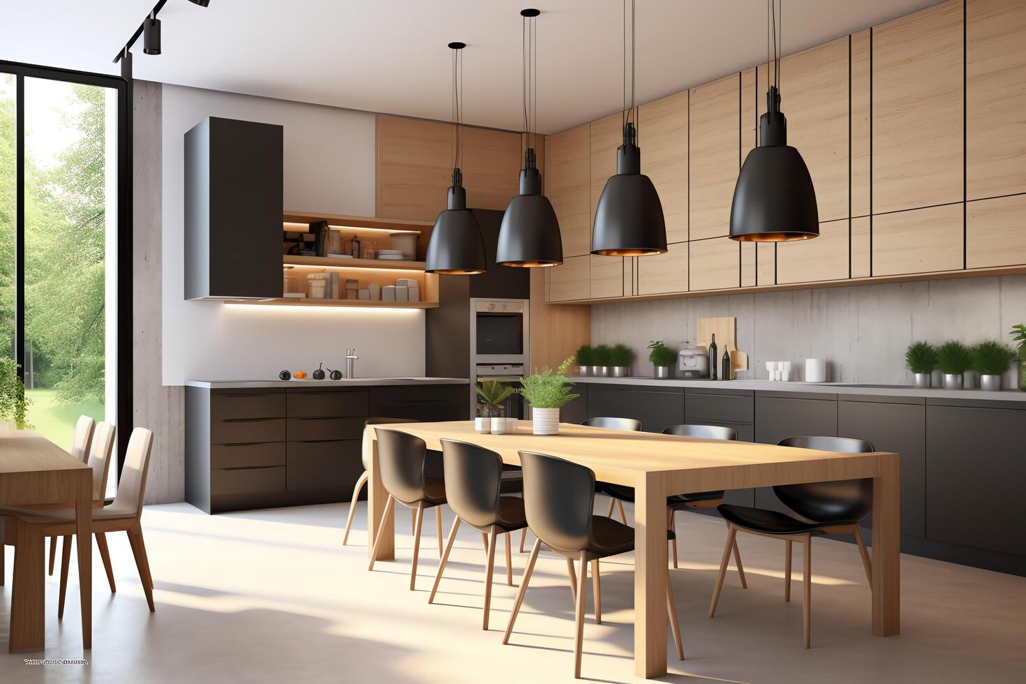 moderno cocina interior diseño en Departamento o casa con mueble. lujo cocina hogar escandinavo concepto por ai generado foto