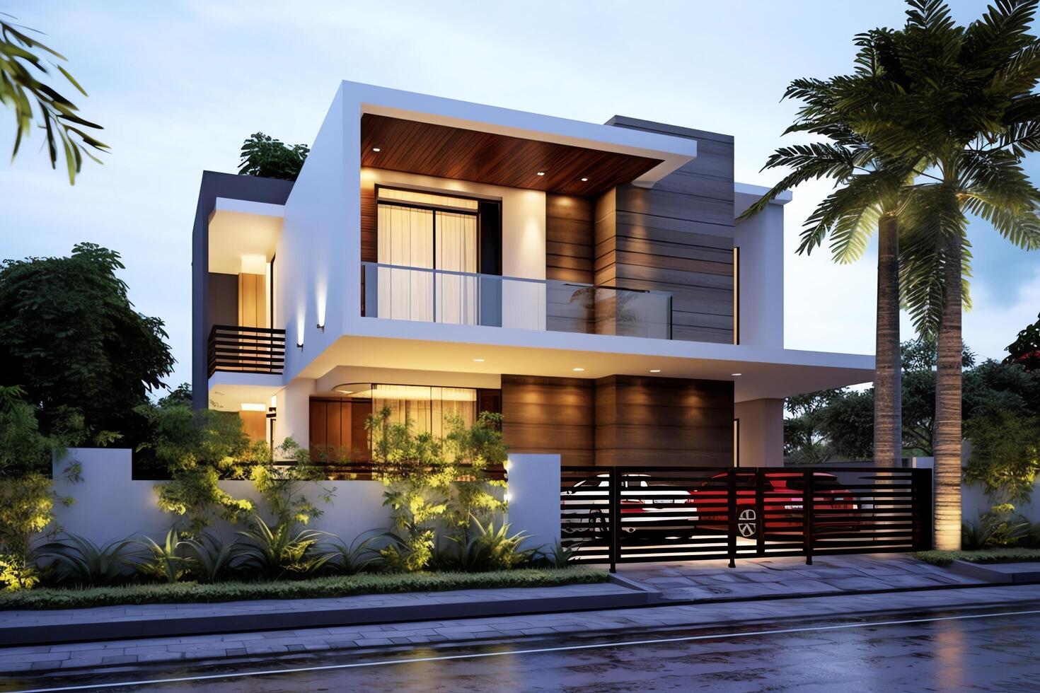 Beautiful modern house exterior with carport. Modern residential district and minimalist building concept by photo