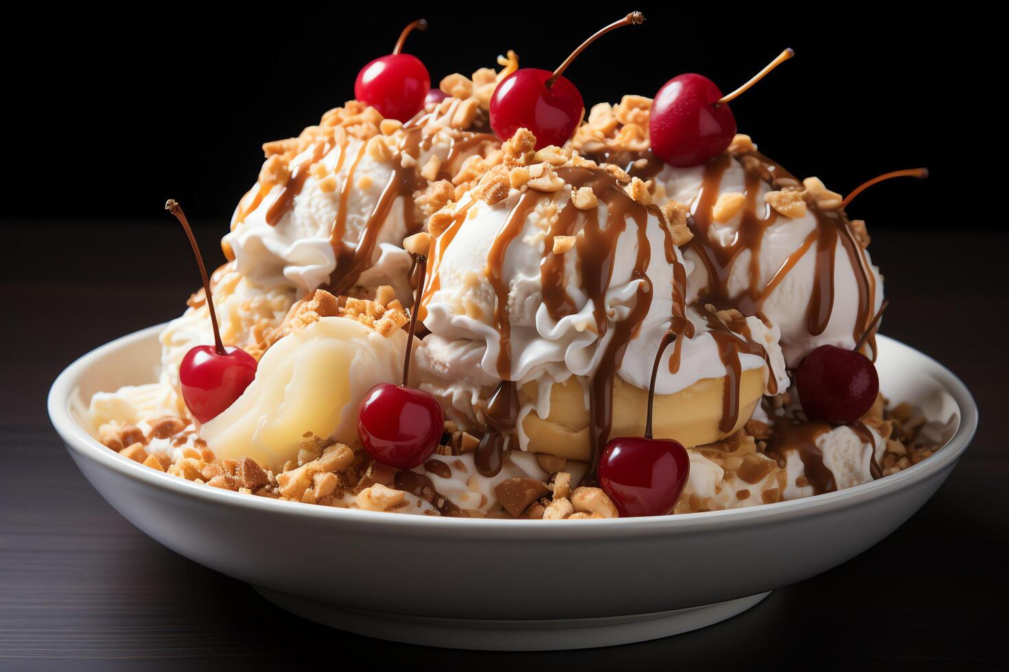 A delicious Banana split ice cream dessert with chocolate syrup. Banana split ice cream dessert by photo