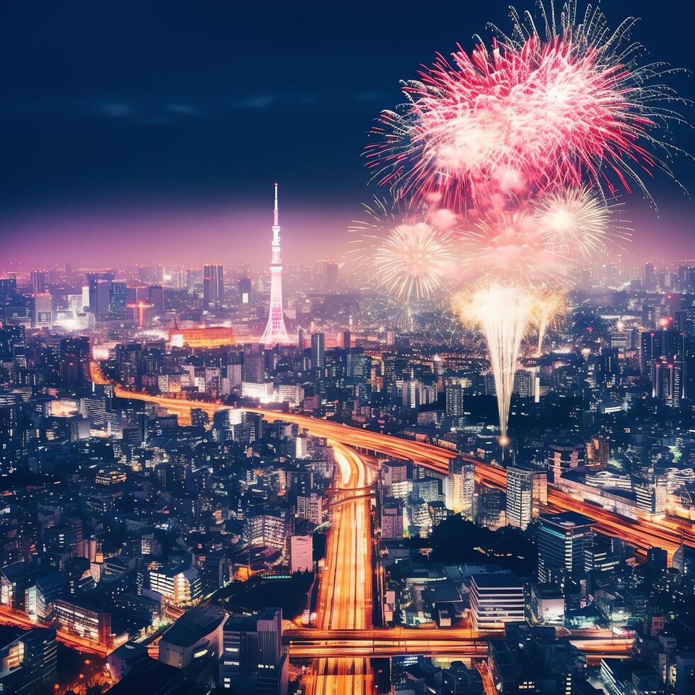 Beautiful firework show with cityscape at night for celebration happy new year. Firework display concept by AI Generated photo