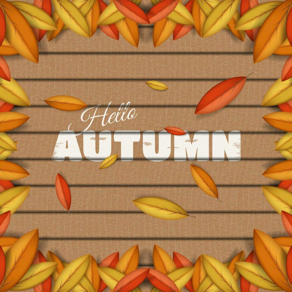 Vector Autumn Frame Background with Leaves on Wood Table