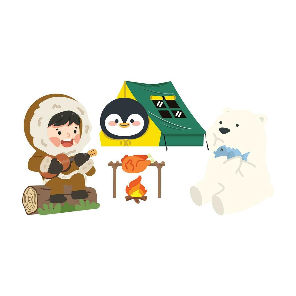 Inuit Camping with penguin and polar bear vector