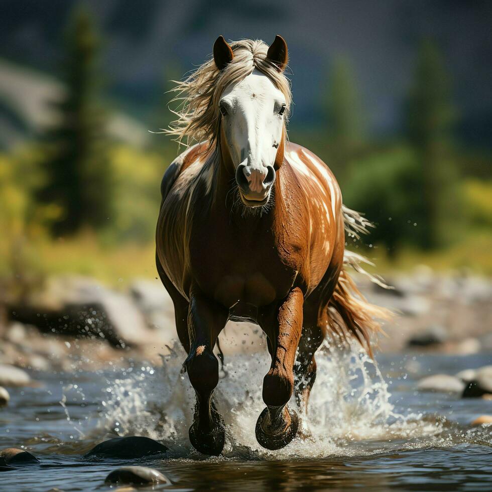 A wild horse running in the creek. Wild or farm animals concept by AI Generated photo