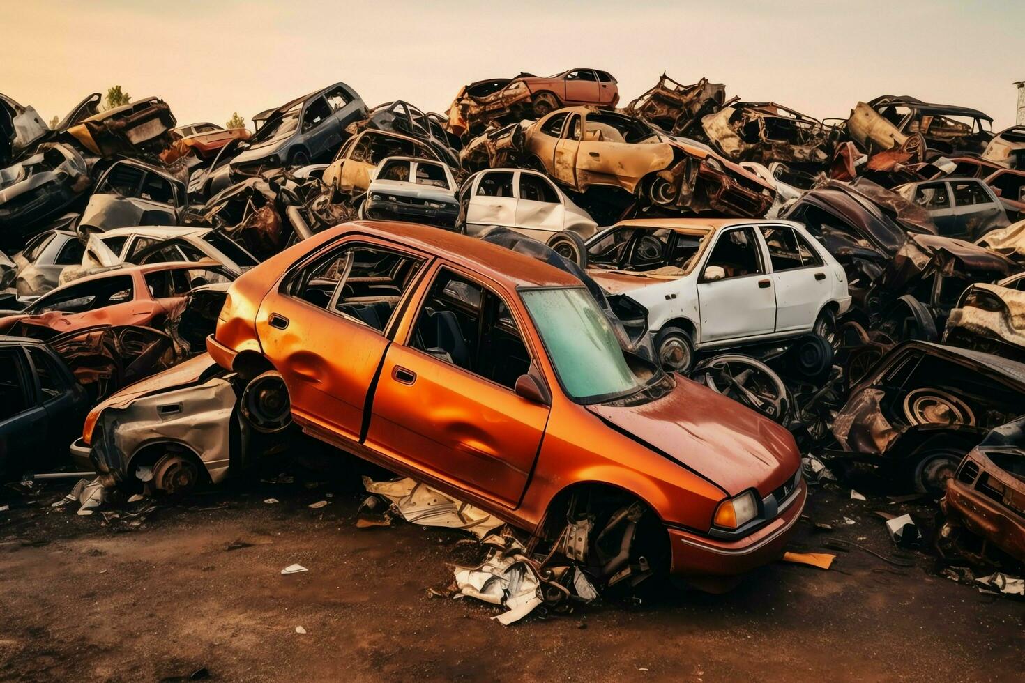 oxidando antiguo basura carros con ambiente contaminación en depósito de chatarra para reciclaje. abandonado coche residuos concepto por ai generado foto