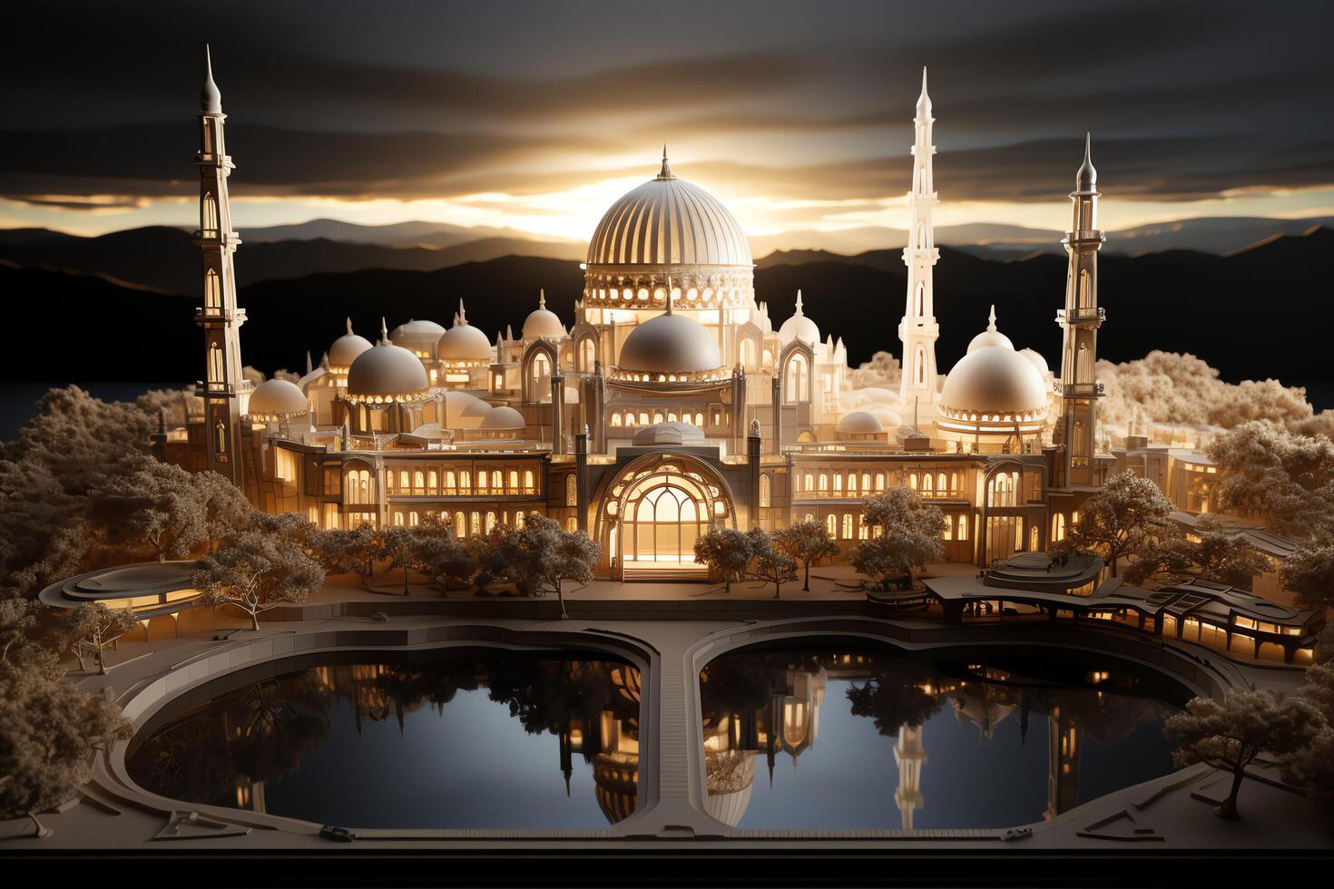 Awesome buildings of mosque in ramadan vibes. Ramadan kareem eid mubarak islamic mosque concept by AI Generated photo