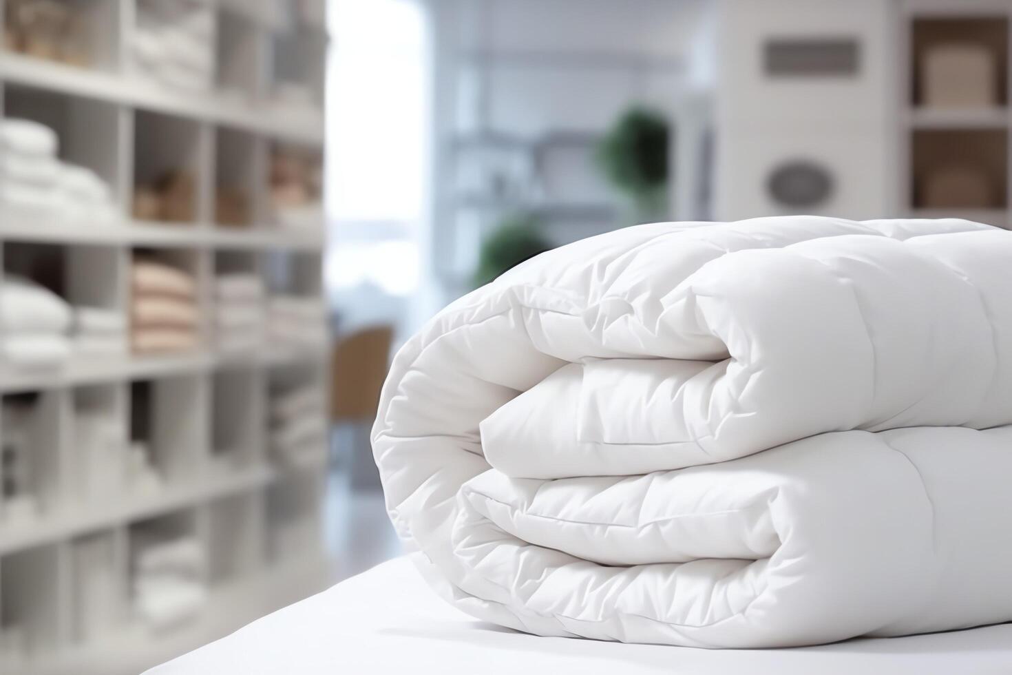 Beautiful luxury comfortable white pillow and blanket on bed decoration. Luxury white down comforter concept by photo