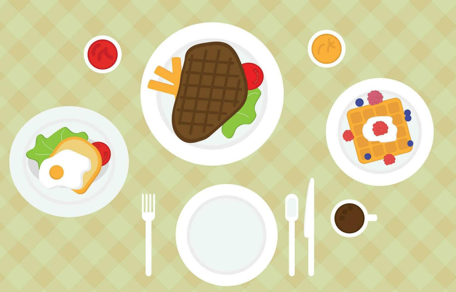 Food on top view table with fried eggs, vegetables, tomatoes, steak, waffles, plate, blueberries, raspberries, mayonnaise, ketchup, plaid tablecloth T, fork, spoon, knife, coffee mug, French fries. vector