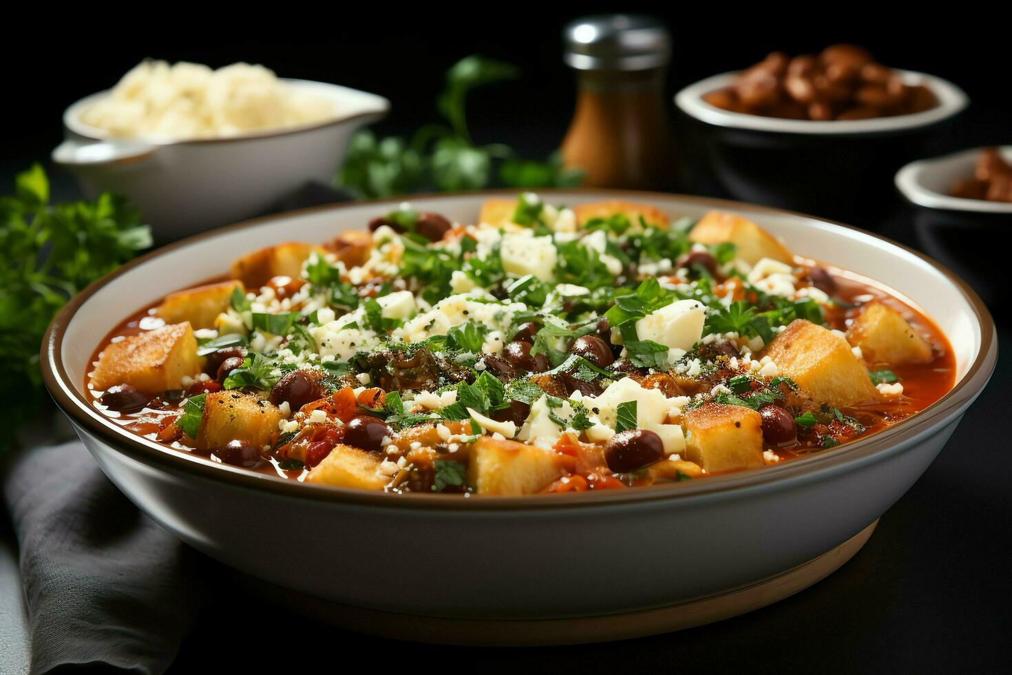 A delicious minestrone soup food in a bowl. Italian food and healthy protein soup meal concept by AI Generated photo