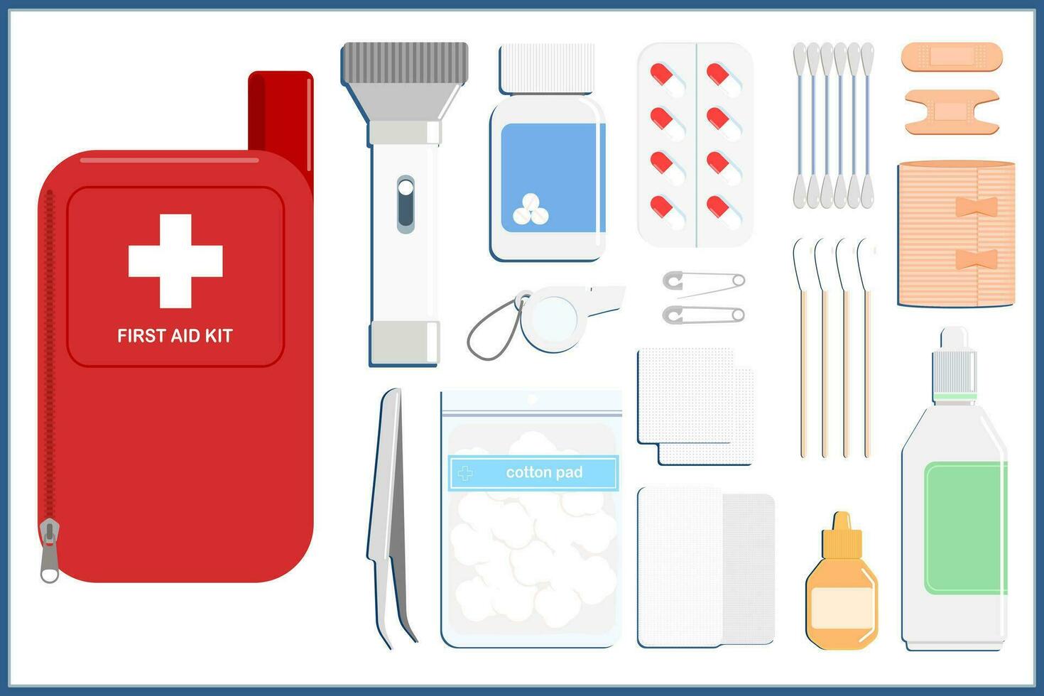 first aid kit for portable.red zip pouch,flashlight,whistle,cotton pad,tweezers,paracetamol bottle,saline solution,cotton swabs and bandages isolated on white background.Vector illustration. vector