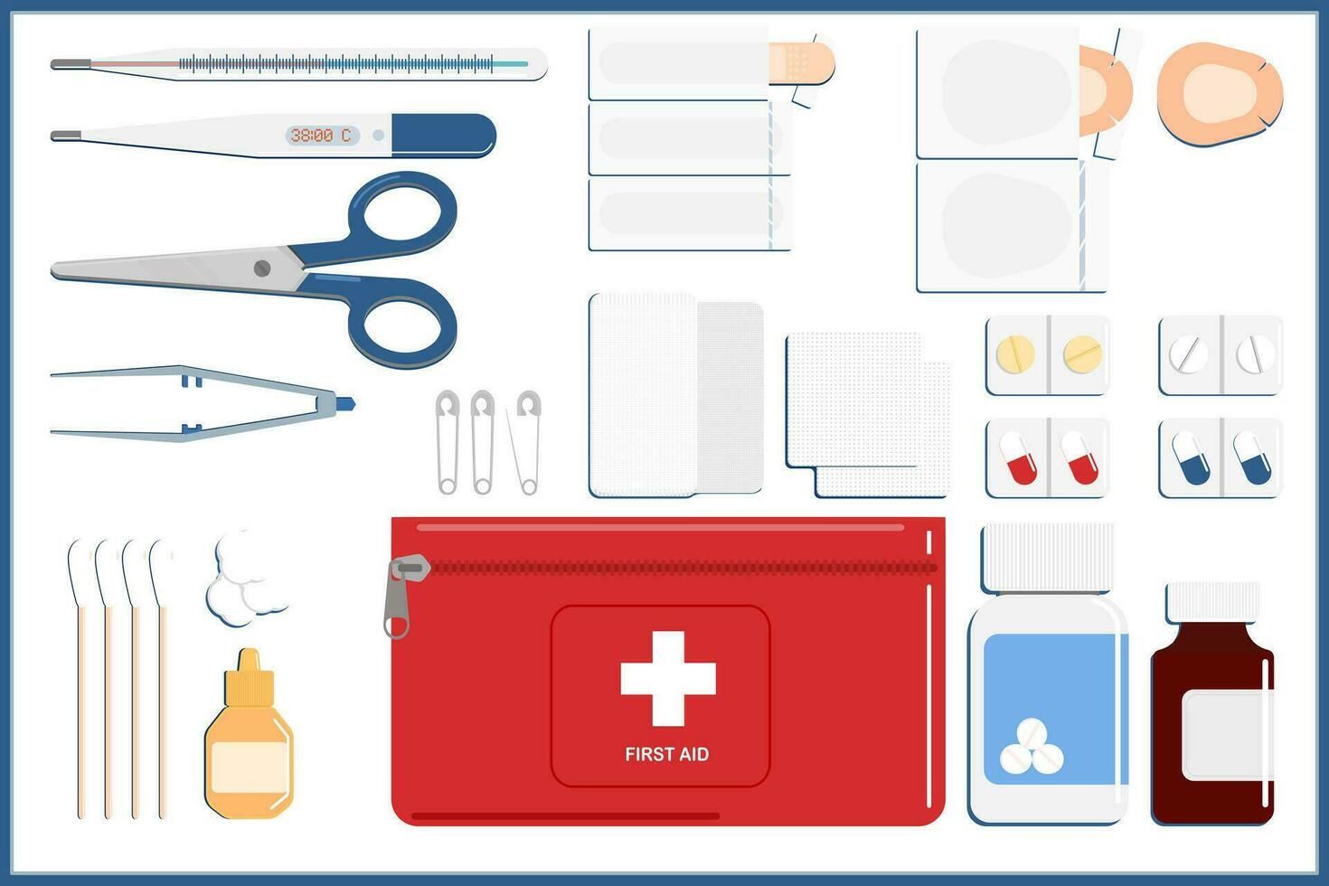 first aid kit for portable.red zip pouch,digital thermometer,cotton pad,tweezer,paracetamol bottle,saline solution,betadine wound cleanser,cotton swabs and bandages isolated on white background. vector