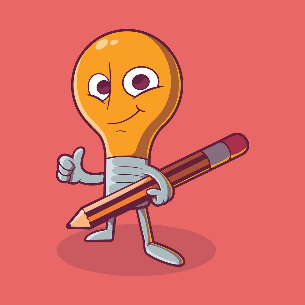 Cool lightbulb character holding a pencil vector illustration. Education, learning design concept.