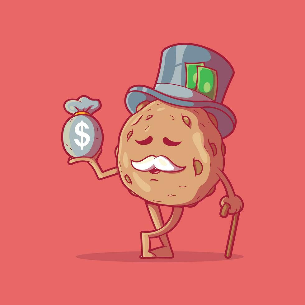 Galleta fortuna personaje con un bolso de dinero vector ilustración. alimento, Finanzas diseño concepto.