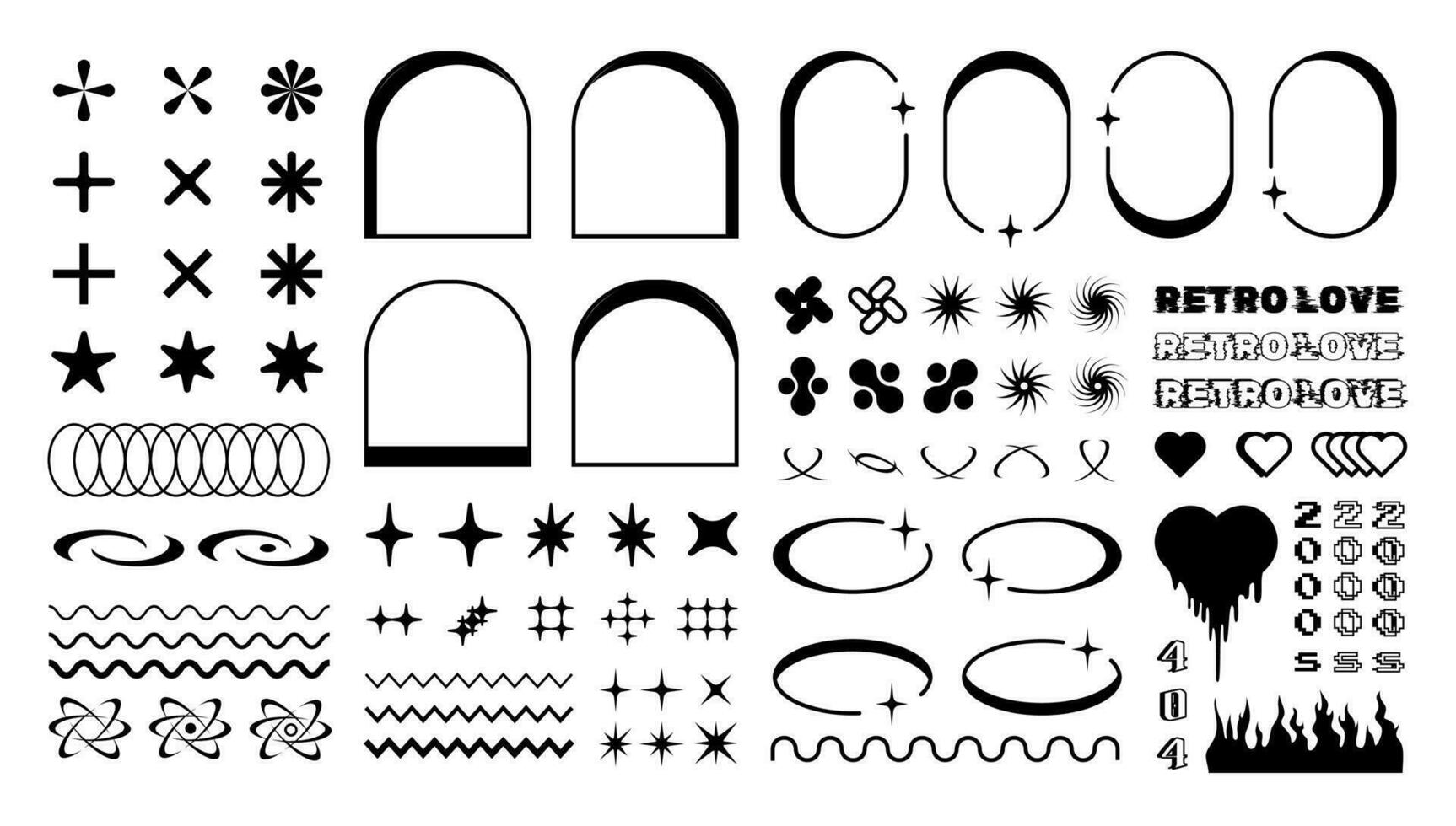 Retro shapes and frames, y2k graphic design elements, vector collection of 2000s graphic geometric forms, signs and symbols.