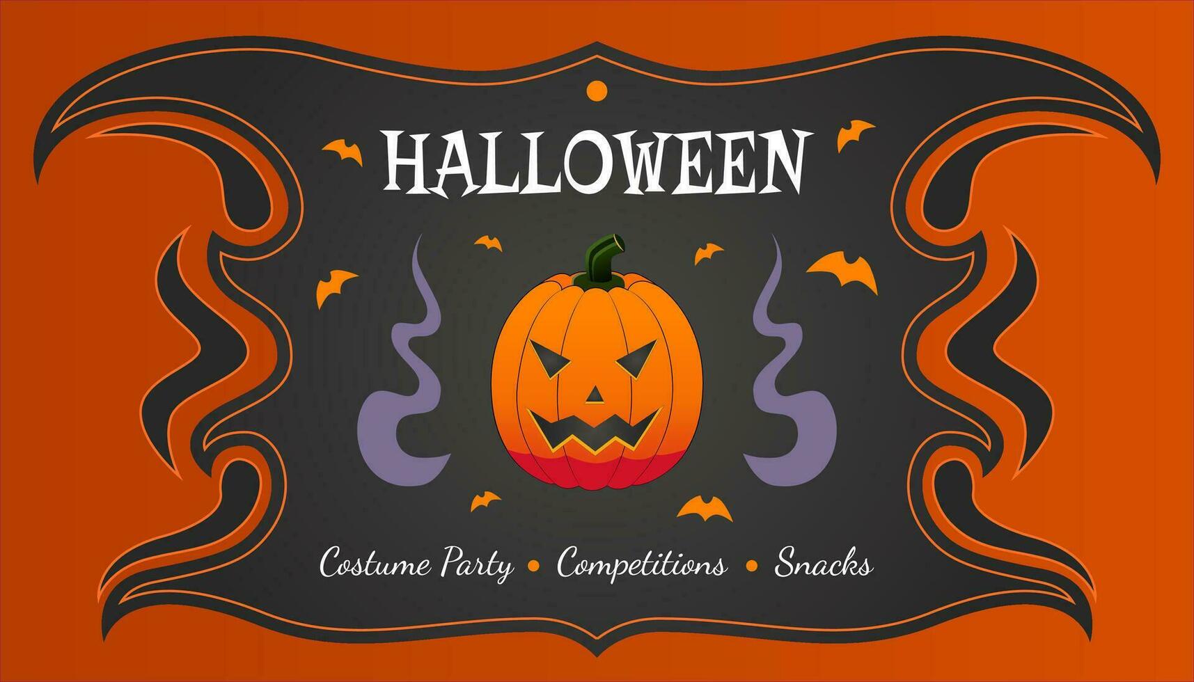 Halloween party banner, announcement with traditional pumpkin and curvy black frame, Halloween celebration event, Happy Halloween vector