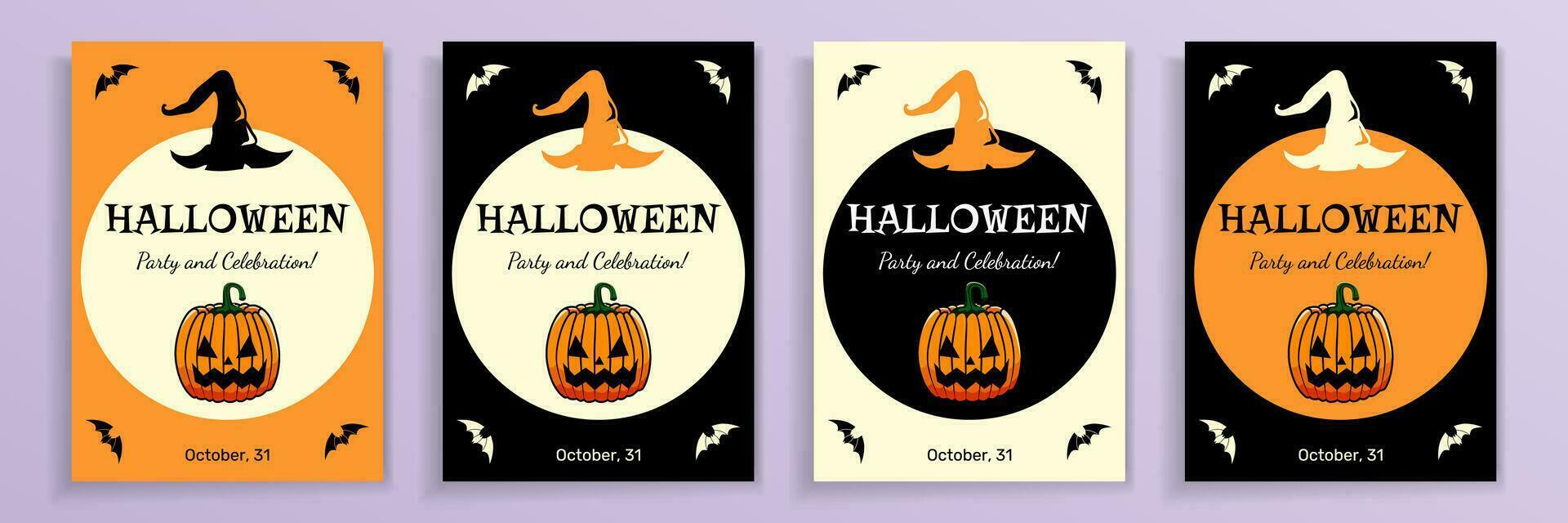 Halloween party poster set, four Halloween poster invitations, vector greeting, costume party and celebration announce with Jack o Lantern and witch hat.