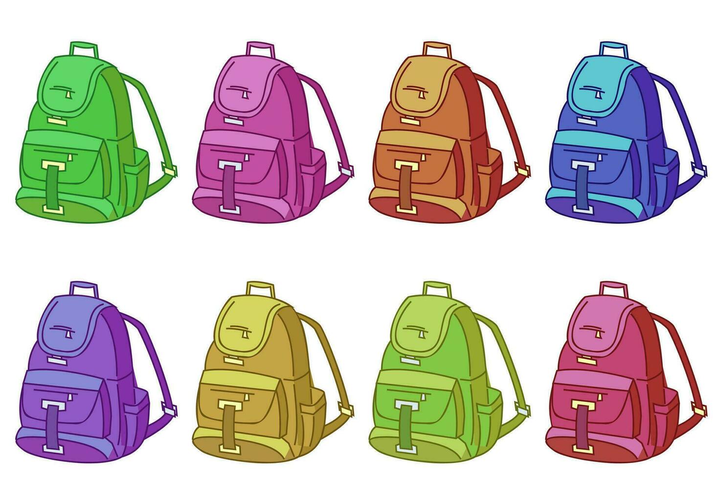 Collection of bags. Colorful backpack illustrations collection. Vibrant colored backpacks set. vector