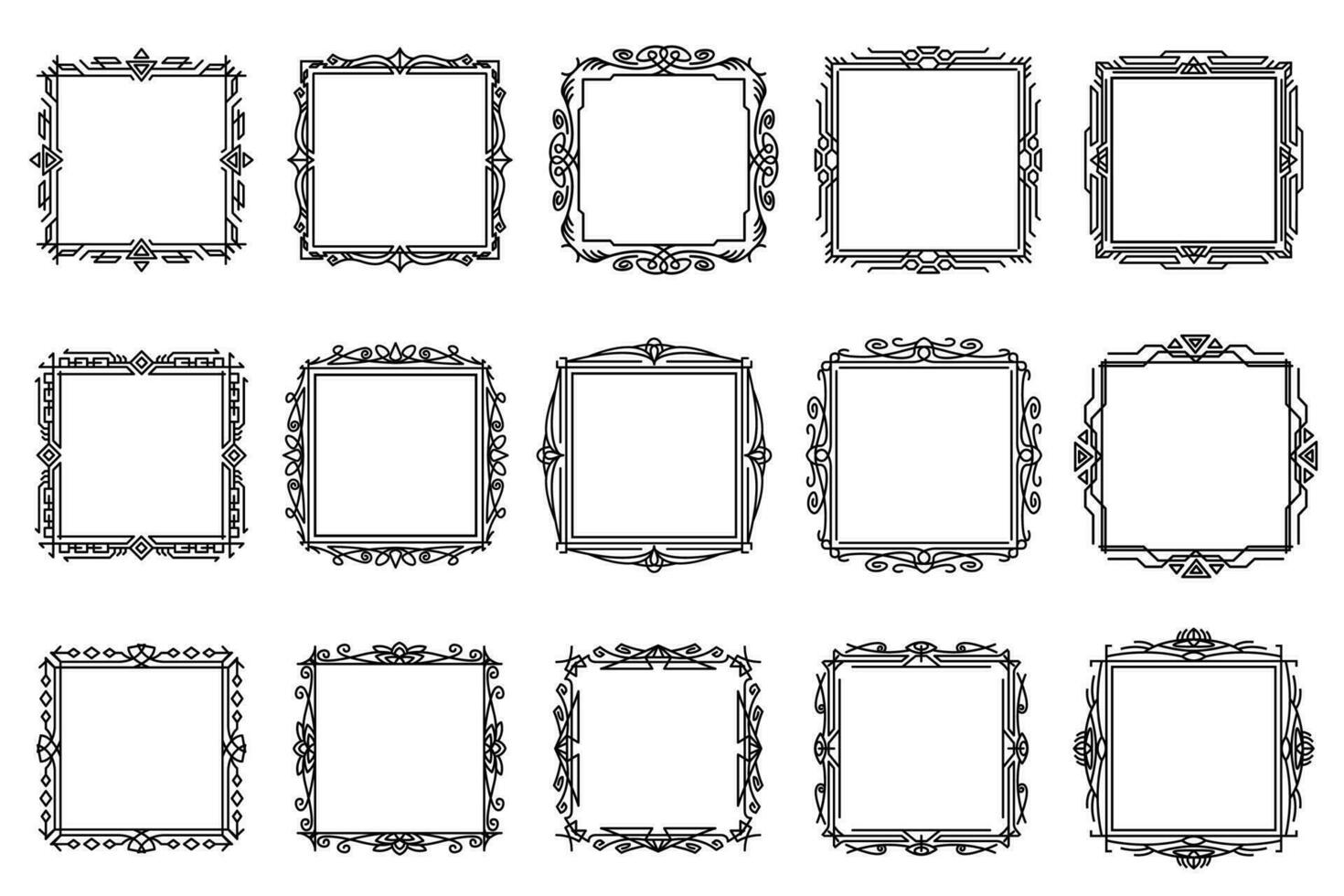 Clásico estilo florido cuadrado marcos resumen cuadrado marcos con negro Delgado línea. Clásico elegante fronteras con floral monogramas y adornos vector